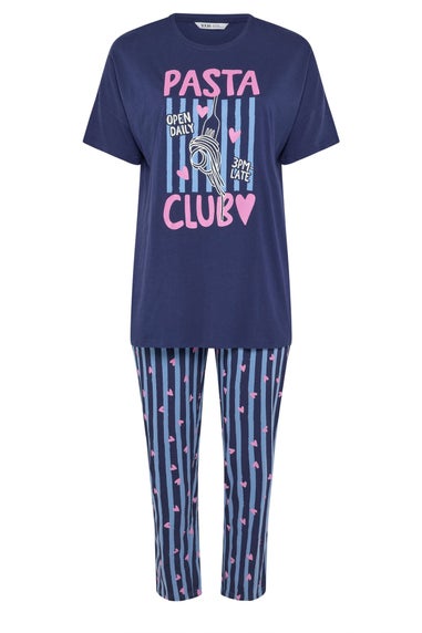 Yours Curve Navy Blue 'Pasta Club' Wide Leg Striped Pyjama Set