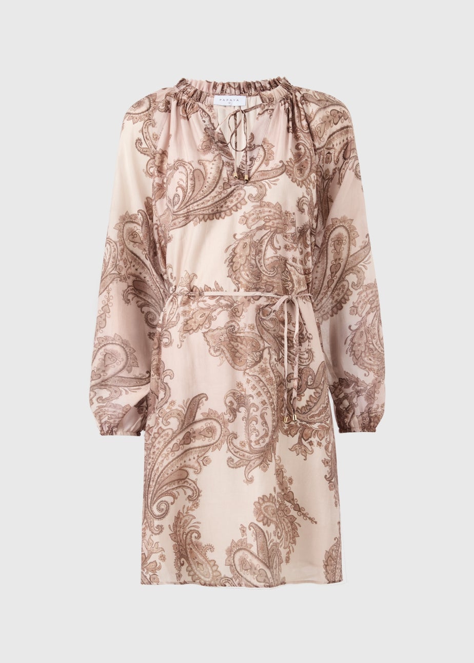 Nude Pink Paisley Tie Neck Mini Shirt Dress