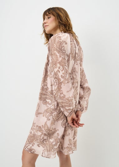 Nude Pink Paisley Tie Neck Mini Shirt Dress