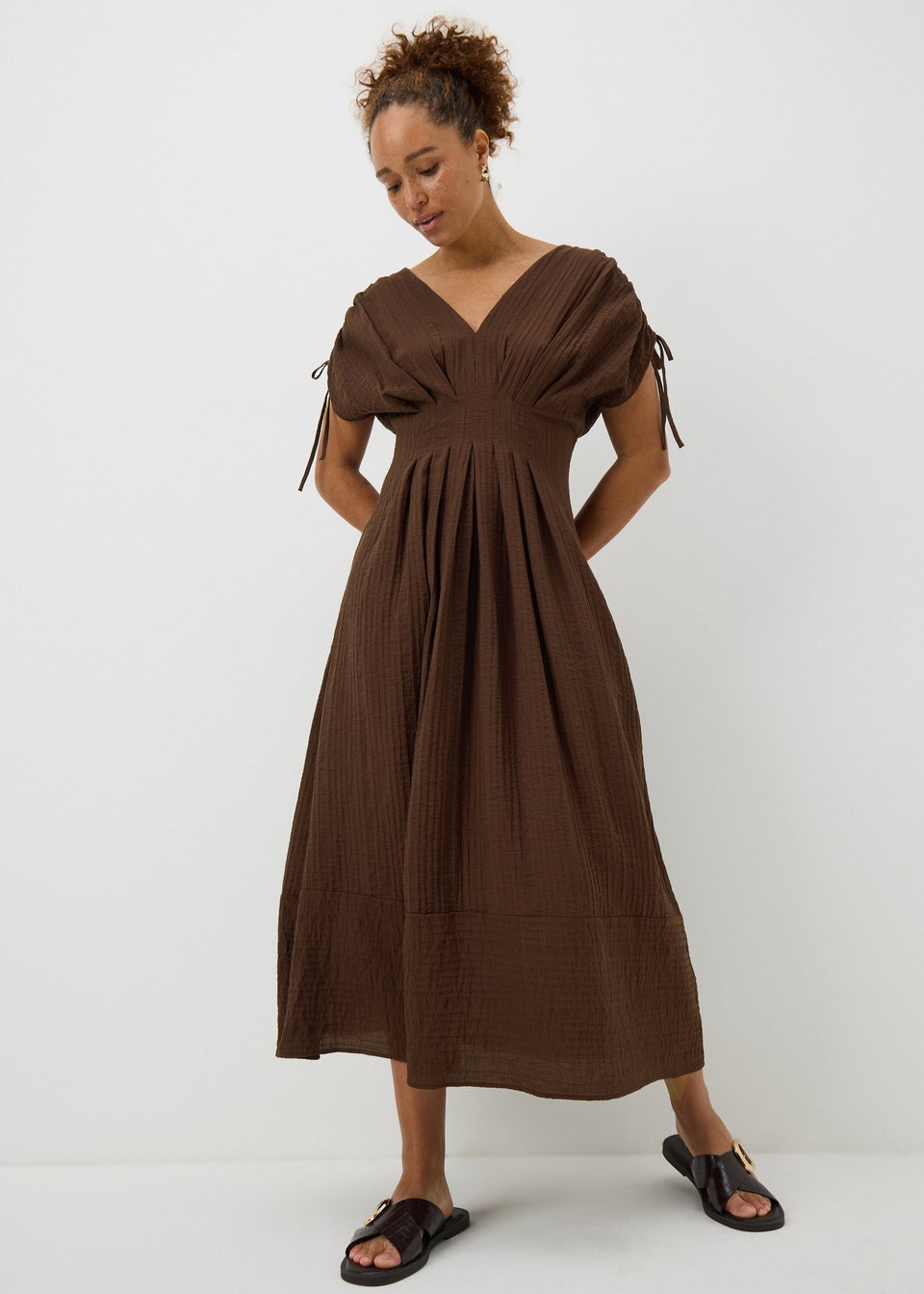 Chocolate Brown Textured Cinched Waist Midaxi Dress