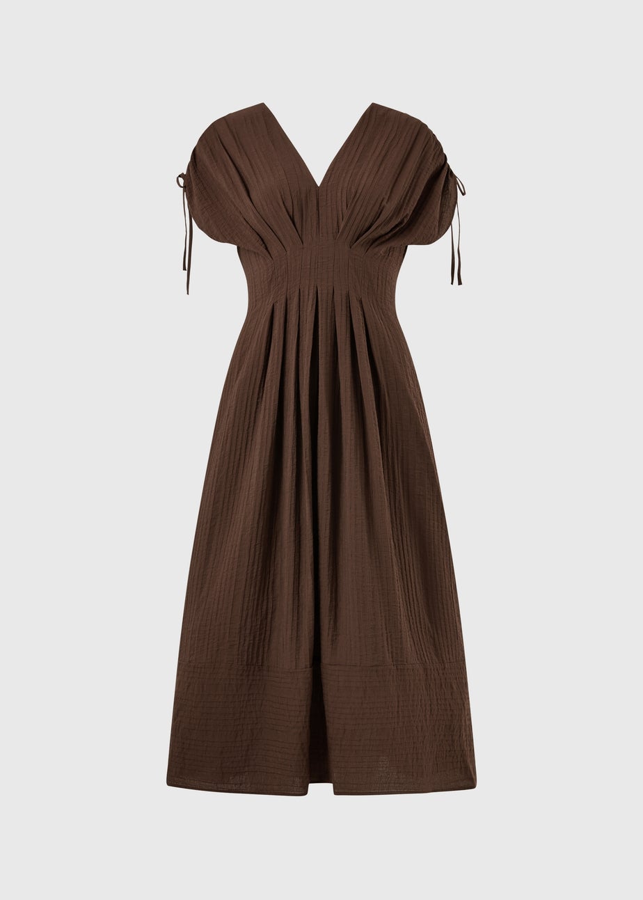 Chocolate Brown Textured Cinched Waist Midaxi Dress