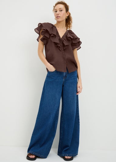 Chocolate Brown Frill Short Sleeve Blouse
