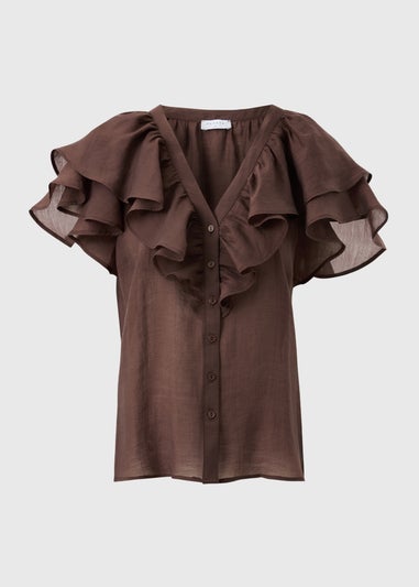 Chocolate Brown Frill Short Sleeve Blouse