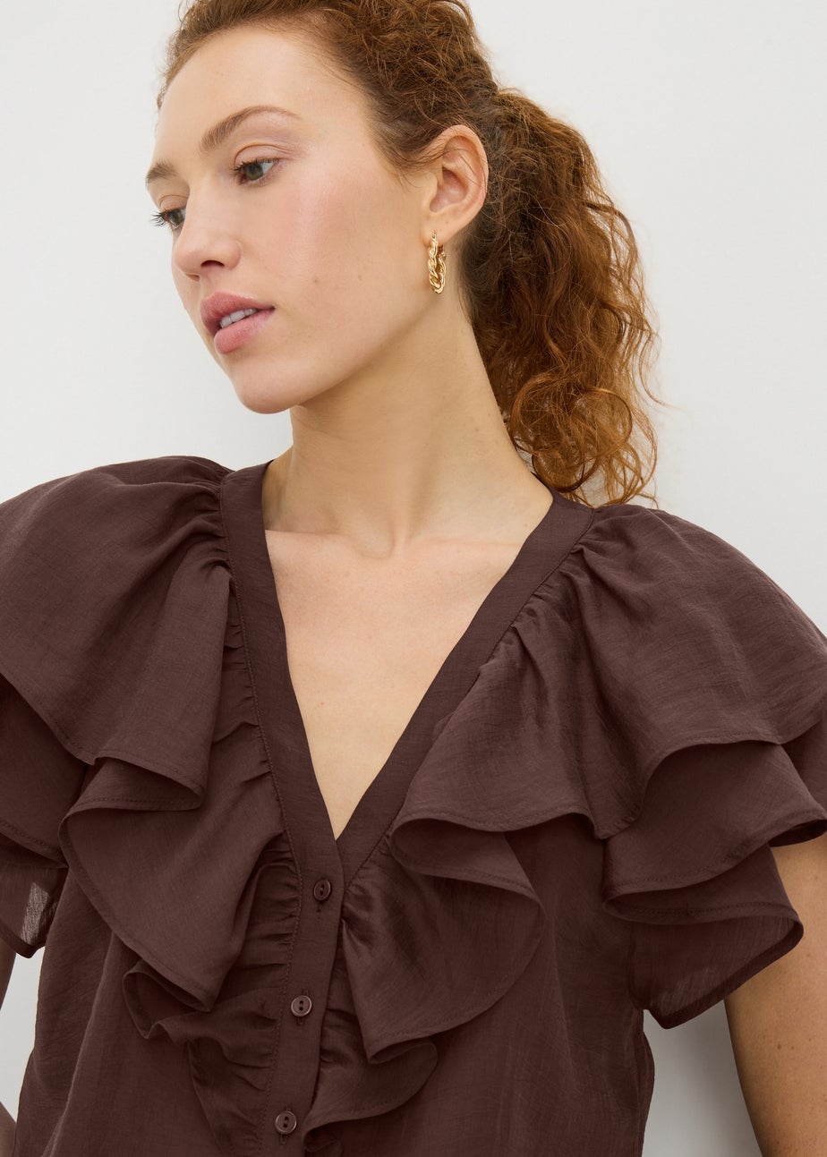 Chocolate Brown Frill Short Sleeve Blouse