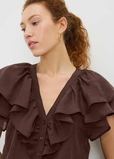 Chocolate Brown Frill Short Sleeve Blouse