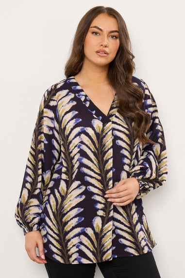 Evans Curve Midnight Blue Leaf Print Pleat Front Blouse