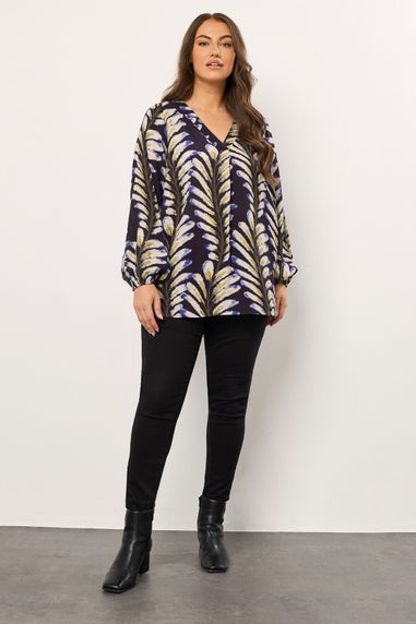 Evans Curve Midnight Blue Leaf Print Pleat Front Blouse