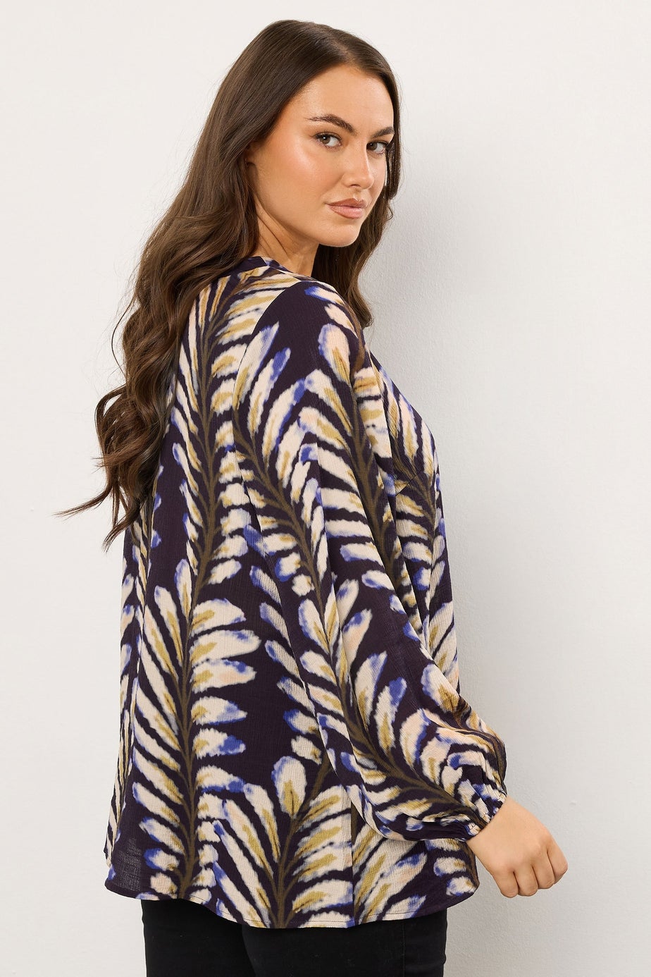 Evans Curve Midnight Blue Leaf Print Pleat Front Blouse