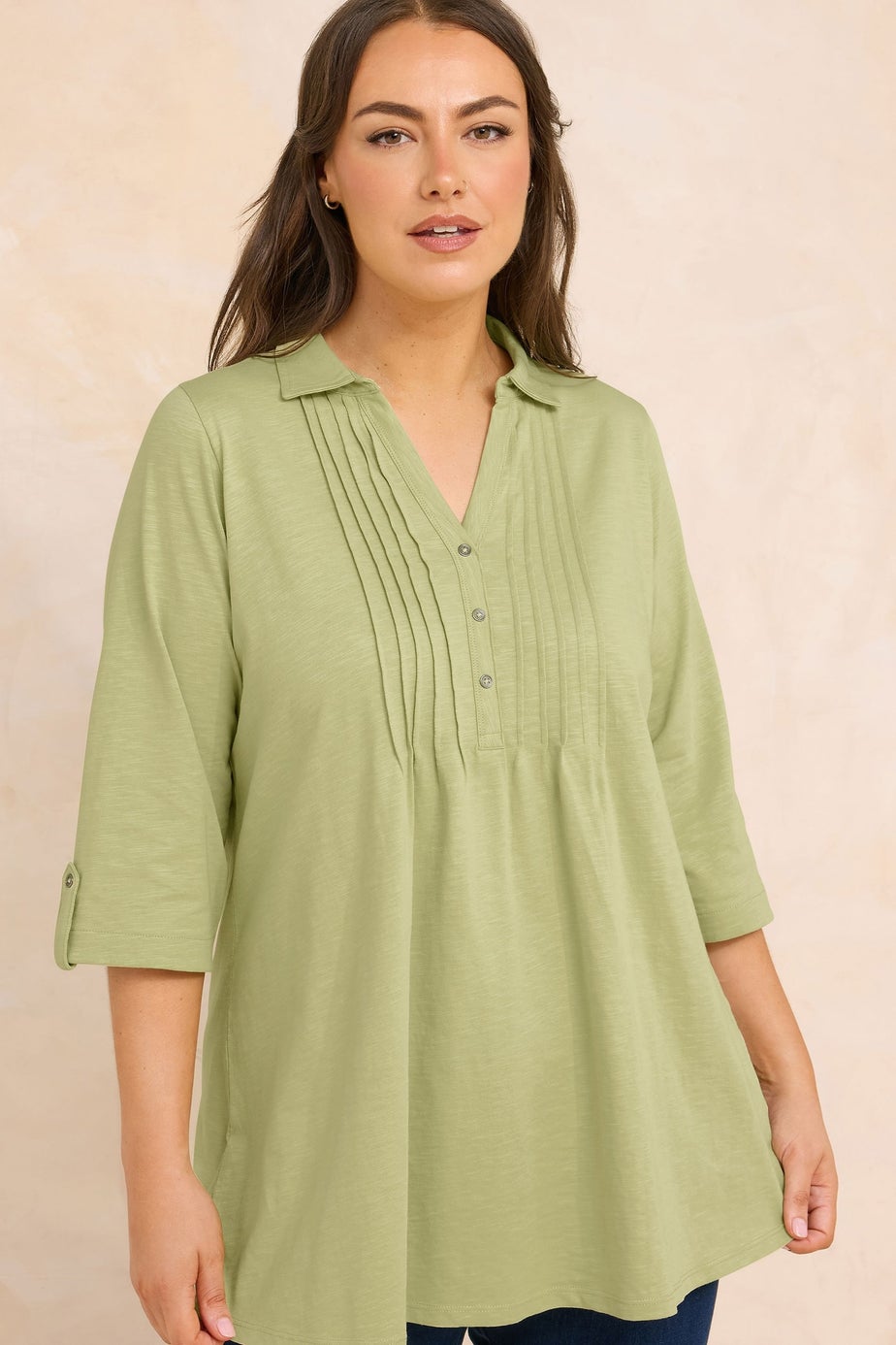 Evans Curve Premium Sage Green Pintuck Henley Top