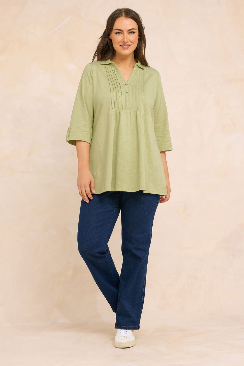 Evans Curve Premium Sage Green Pintuck Henley Top