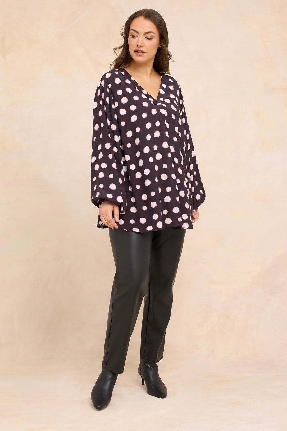 Evans Curve Purple Spot Print Pleated Swing Top