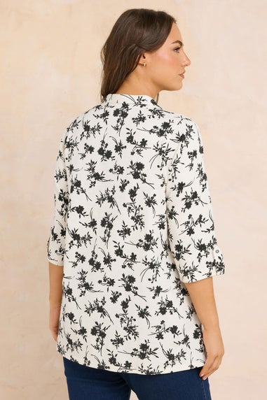 Evans Curve White Floral Premium Pintuck Henley Top
