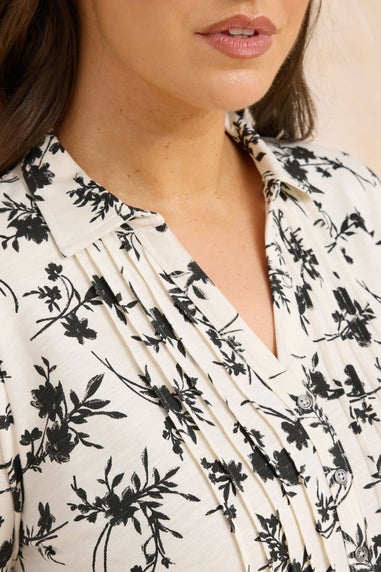 Evans Curve White Floral Premium Pintuck Henley Top