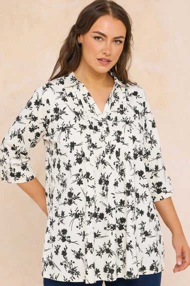 Evans Curve White Floral Premium Pintuck Henley Top