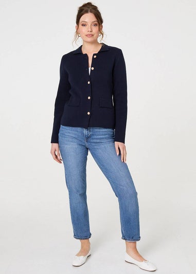 Izabel London Navy Textured Button Front Collared Jacket