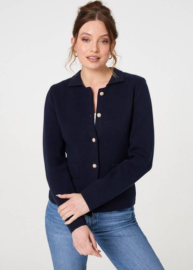 Izabel London Navy Textured Button Front Collared Jacket