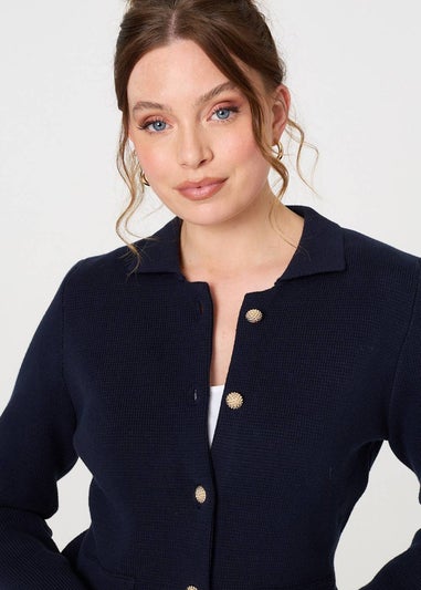 Izabel London Navy Textured Button Front Collared Jacket