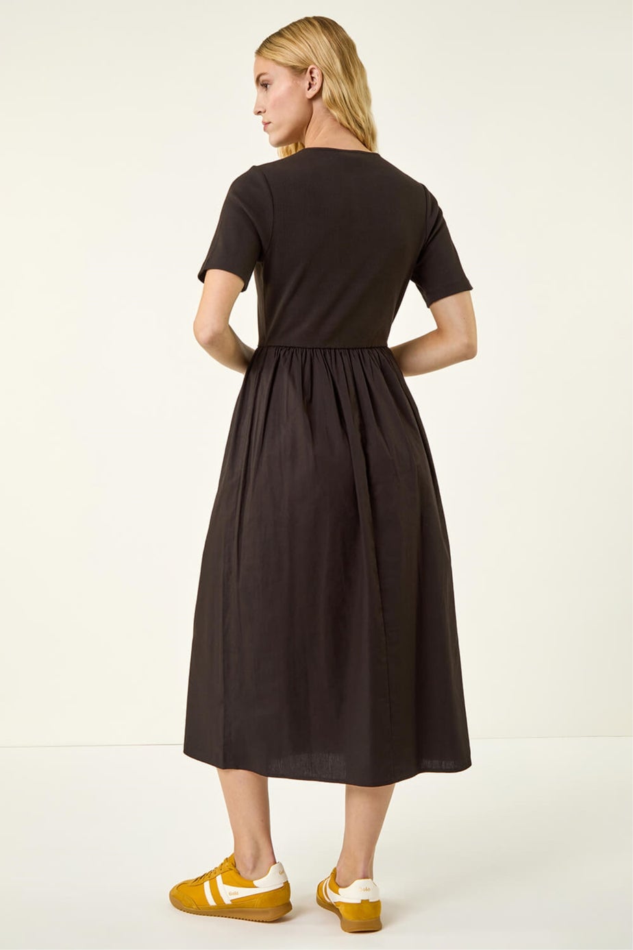 Roman Black Buttoned Pocket Stretch Midi Dress