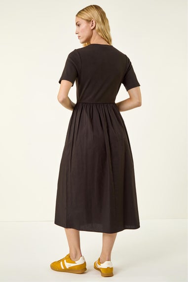 Roman Black Buttoned Pocket Stretch Midi Dress