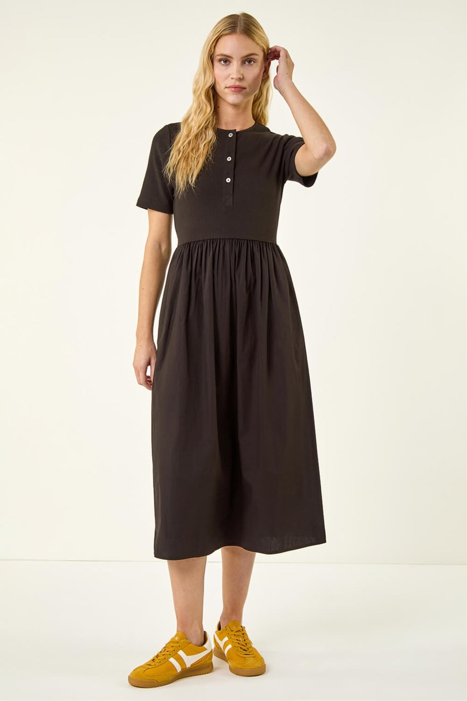 Roman Black Buttoned Pocket Stretch Midi Dress