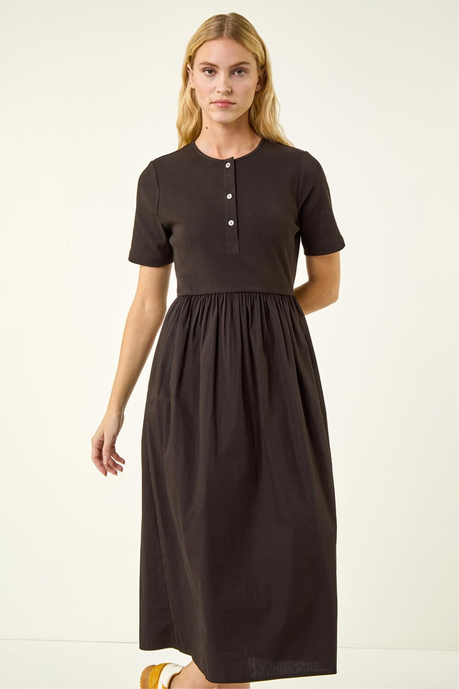 Roman Black Buttoned Pocket Stretch Midi Dress