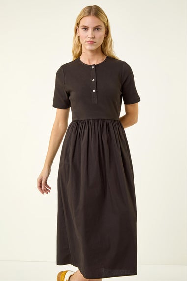 Roman Black Buttoned Pocket Stretch Midi Dress