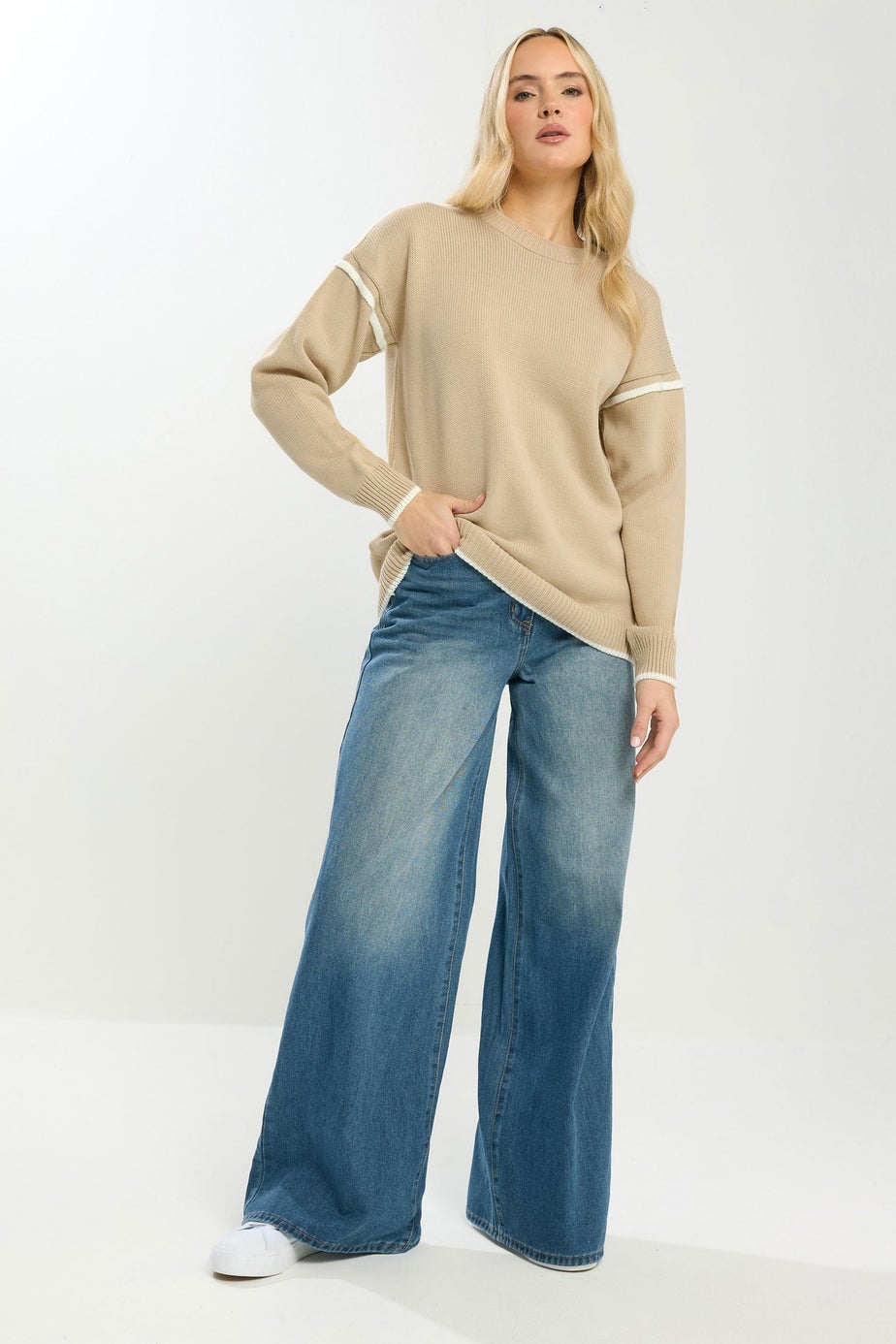 Long Tall Sally Natural Brown Piped Crew Neck Jumper
