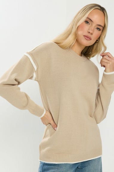 Long Tall Sally Natural Brown Piped Crew Neck Jumper
