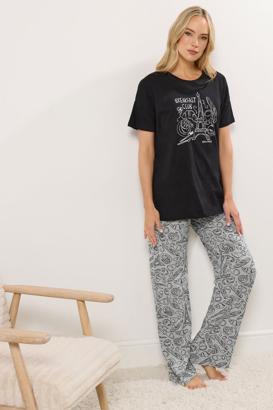 Long Tall Sally Black 'Breakfast Club' Wide Leg Pyjama Set