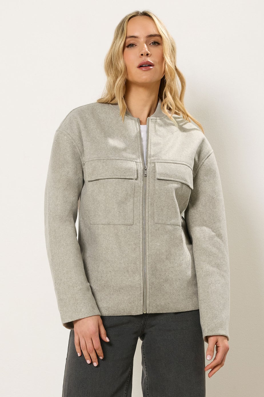 Long Tall Sally Natural Brown Brushed Pocket Bomber Jacket