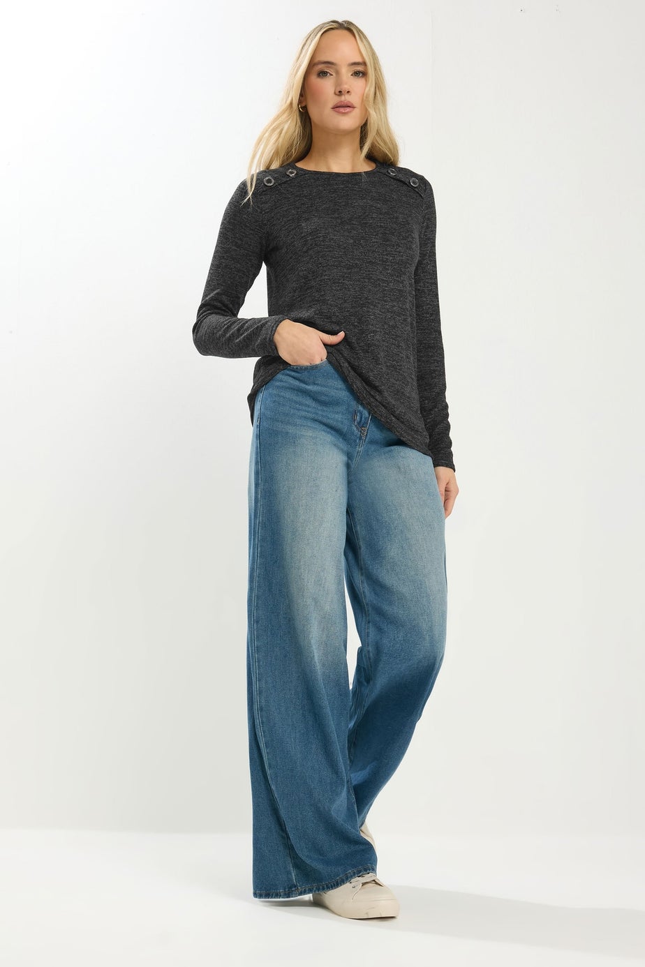 Long Tall Sally Grey Marl Button Long Sleeve Top