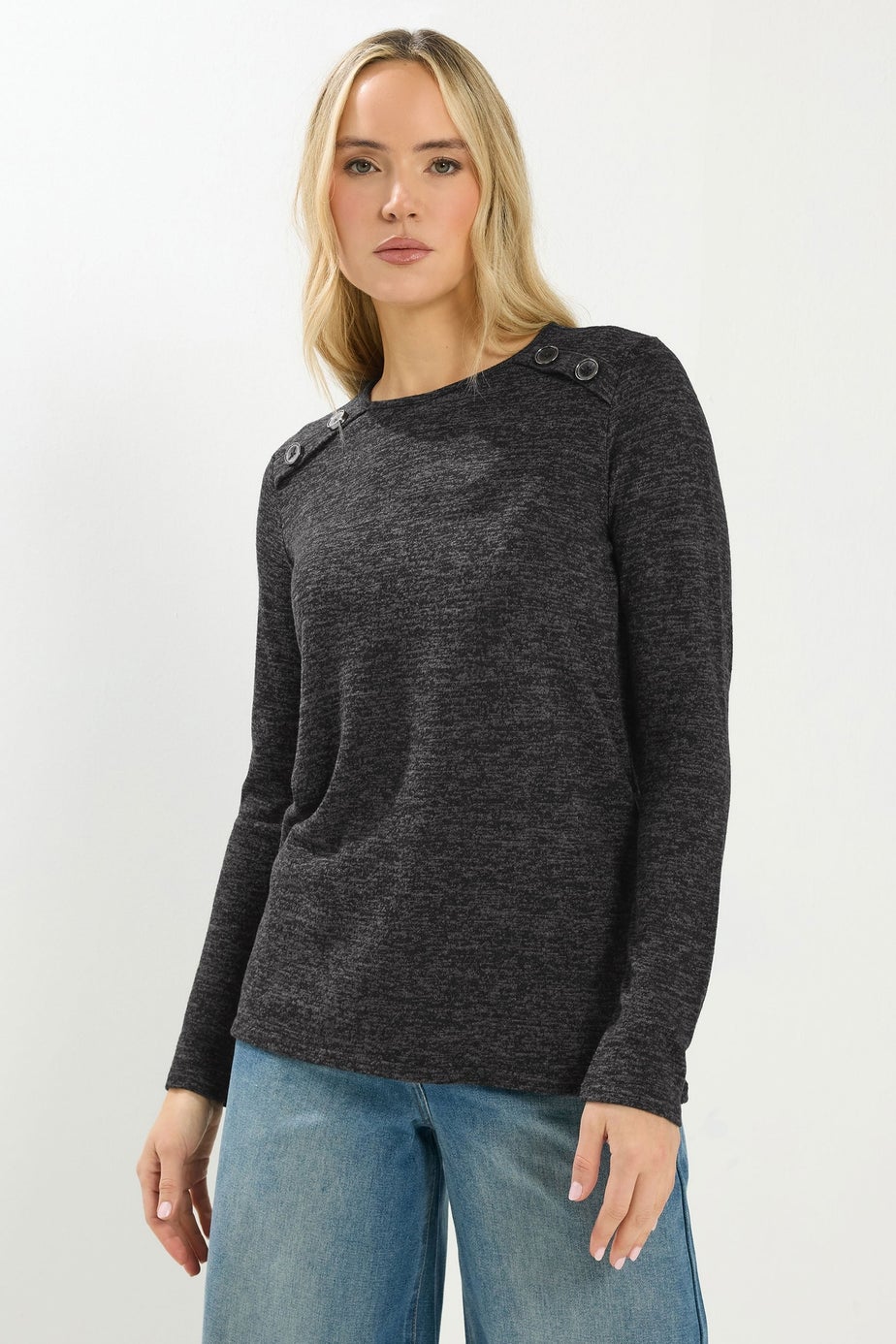 Long Tall Sally Grey Marl Button Long Sleeve Top