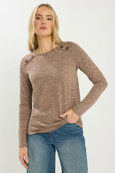 Long Tall Sally Beige Brown Marl Button Long Sleeve Top