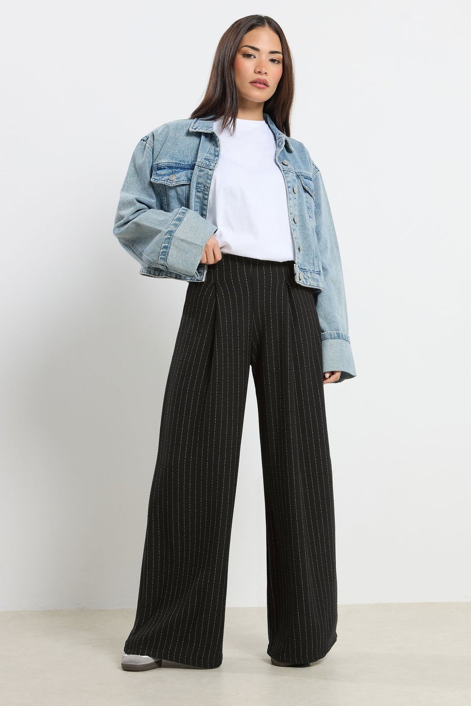 PixieGirl Petite Black Pinstripe Palazzo Wide Leg Trousers