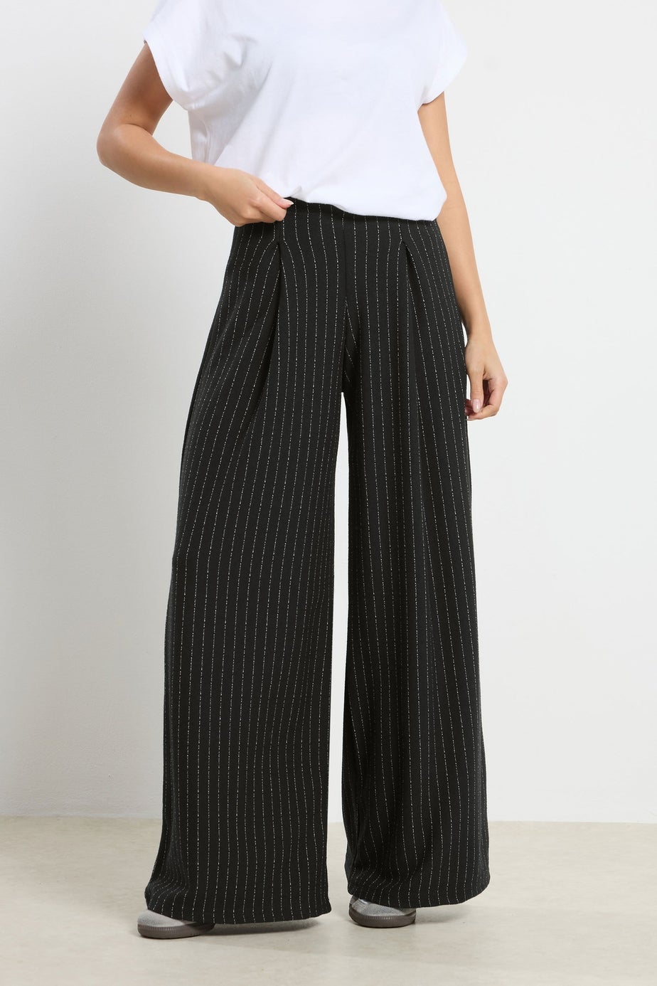 PixieGirl Petite Black Pinstripe Palazzo Wide Leg Trousers