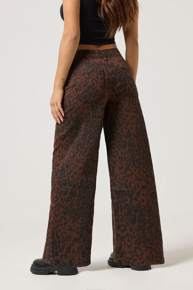 PixieGirl Petite Brown Leopard Print Wide Leg Jeans