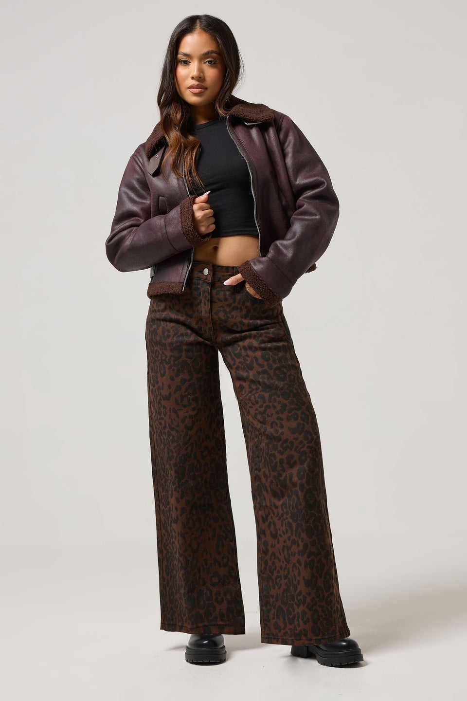 PixieGirl Petite Brown Leopard Print Wide Leg Jeans