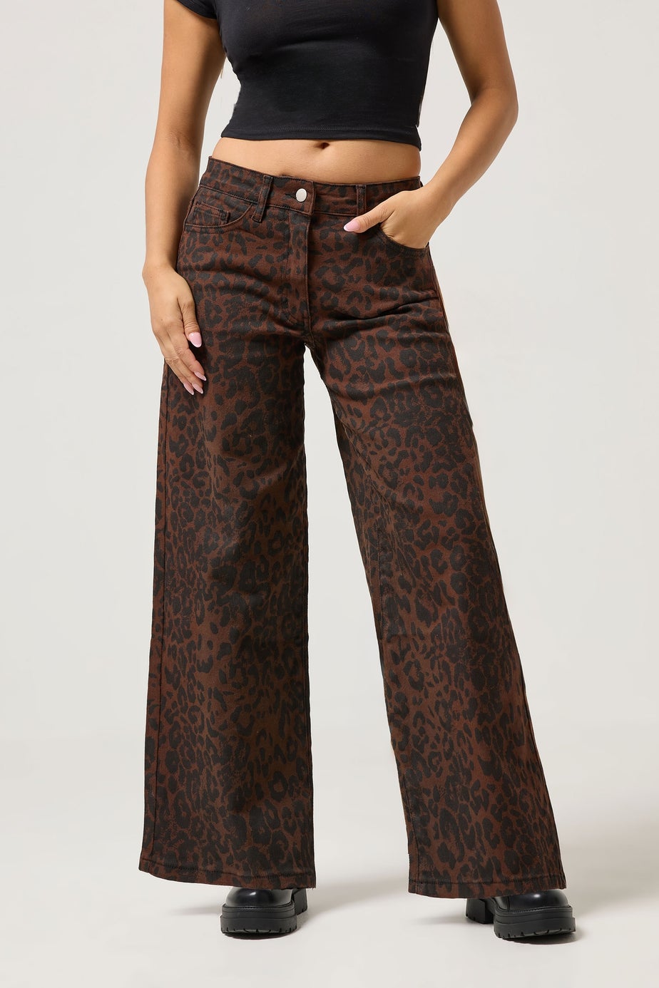 PixieGirl Petite Brown Leopard Print Wide Leg Jeans