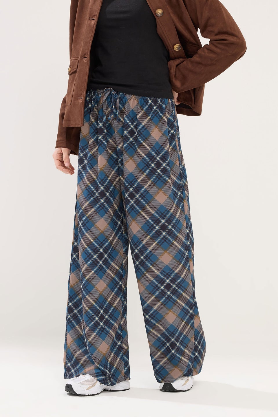 PixieGirl Petite Navy Blue Check Wide Leg Trousers