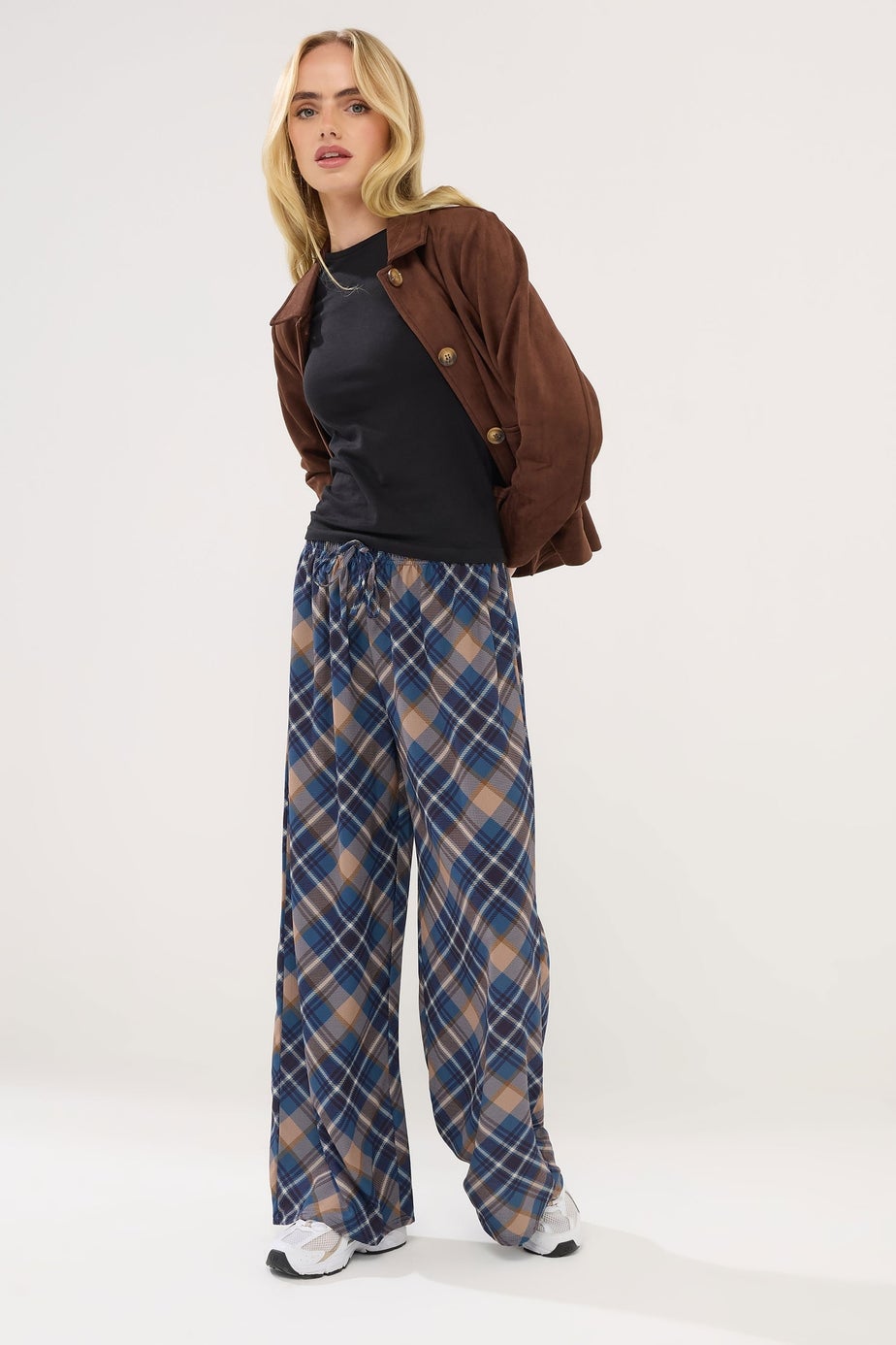 PixieGirl Petite Navy Blue Check Wide Leg Trousers