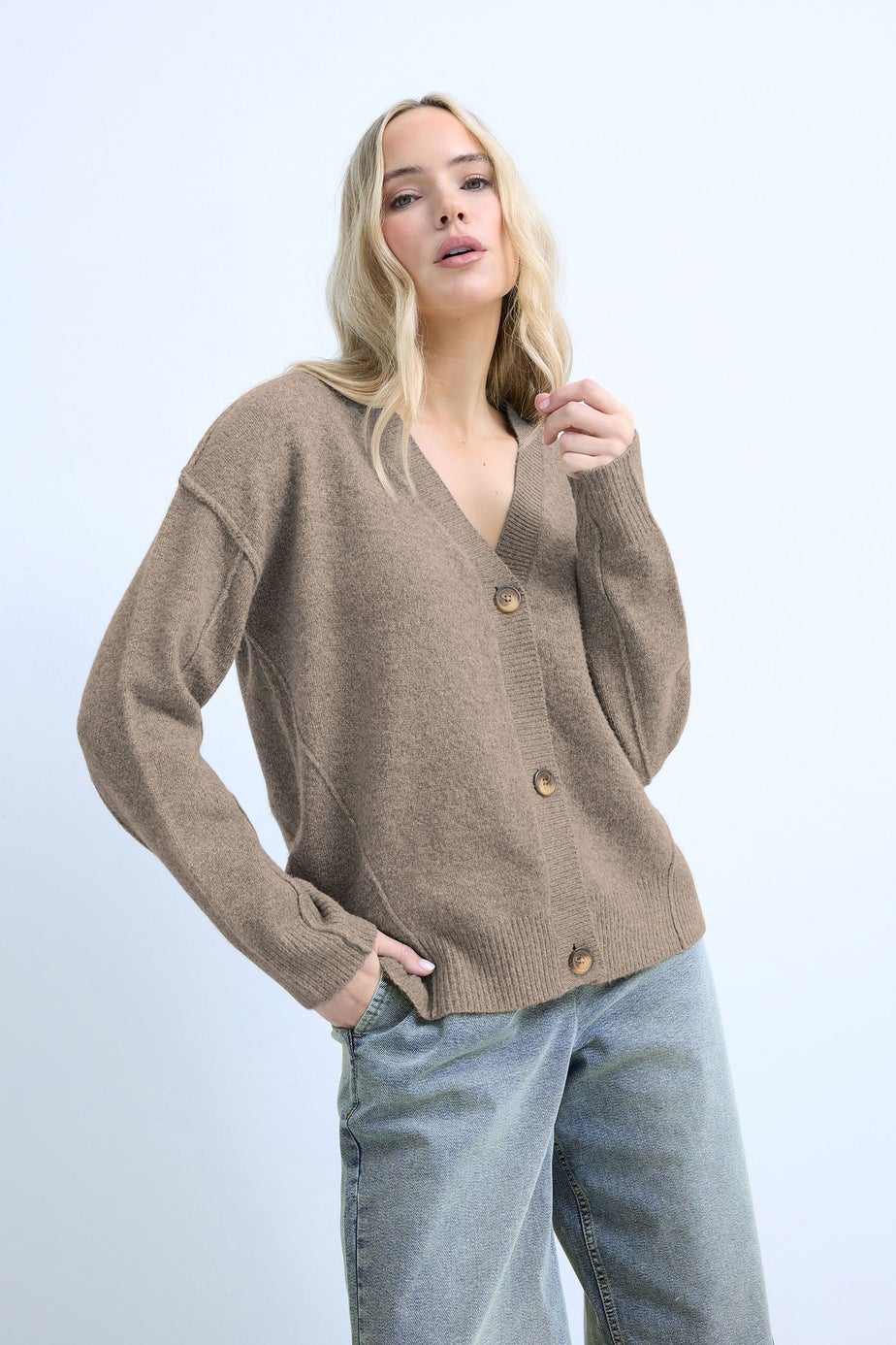 Long Tall Sally Brown Seam Detail Knitted Cardigan