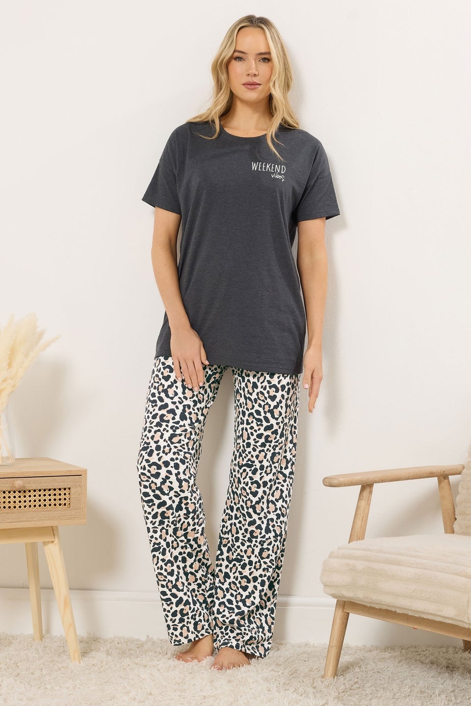 Long Tall Sally Charcoal Grey 'Weekend Vibes' Slogan Pyjama Set