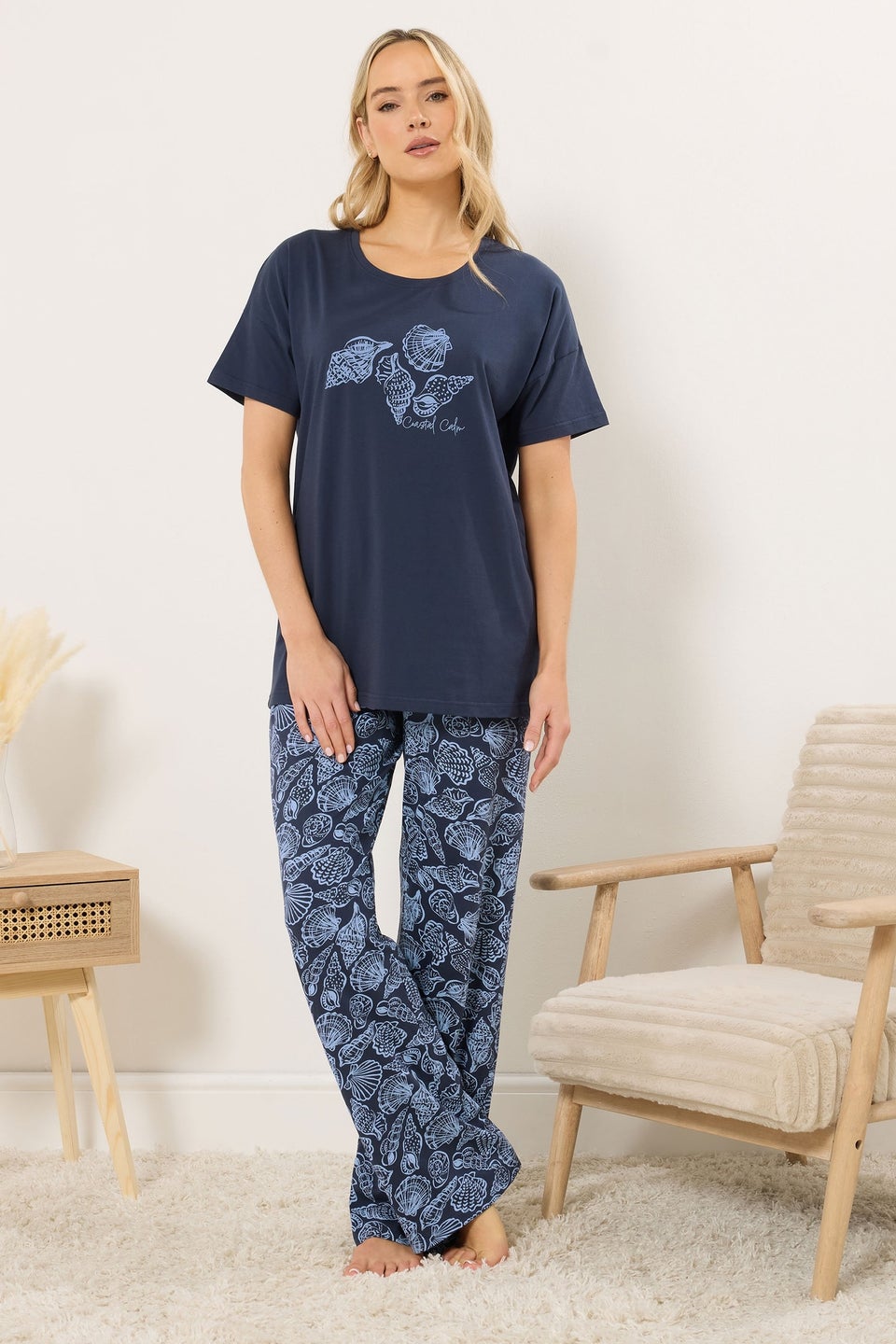 Long Tall Sally Navy Blue 'Coastal Calm' Slogan Pyjama Set