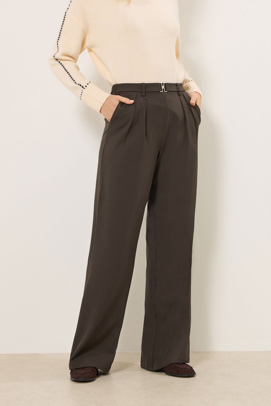 Long Tall Sally Chocolate Brown Buckle Wide Leg Trousers