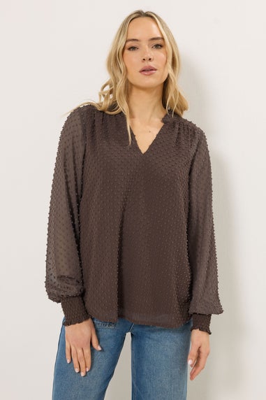 Long Tall Sally Brown Dobby Spot Shirred Cuff Top