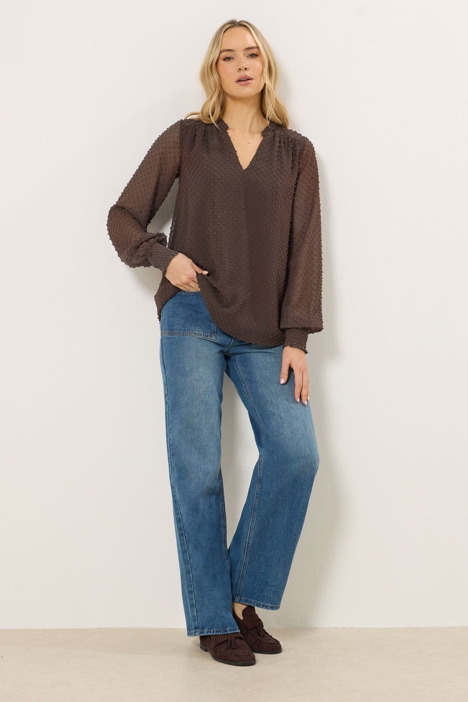 Long Tall Sally Brown Dobby Spot Shirred Cuff Top