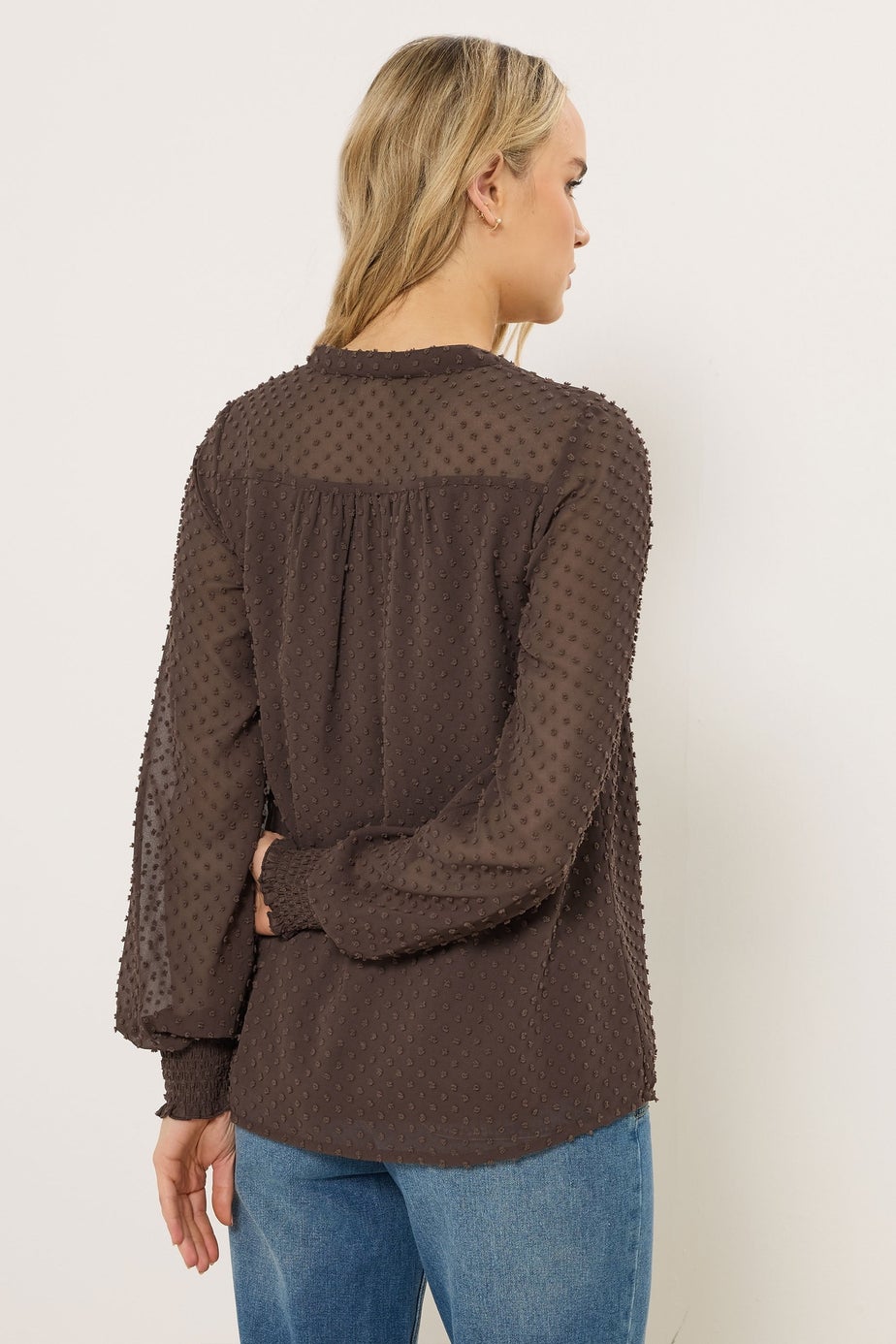 Long Tall Sally Brown Dobby Spot Shirred Cuff Top