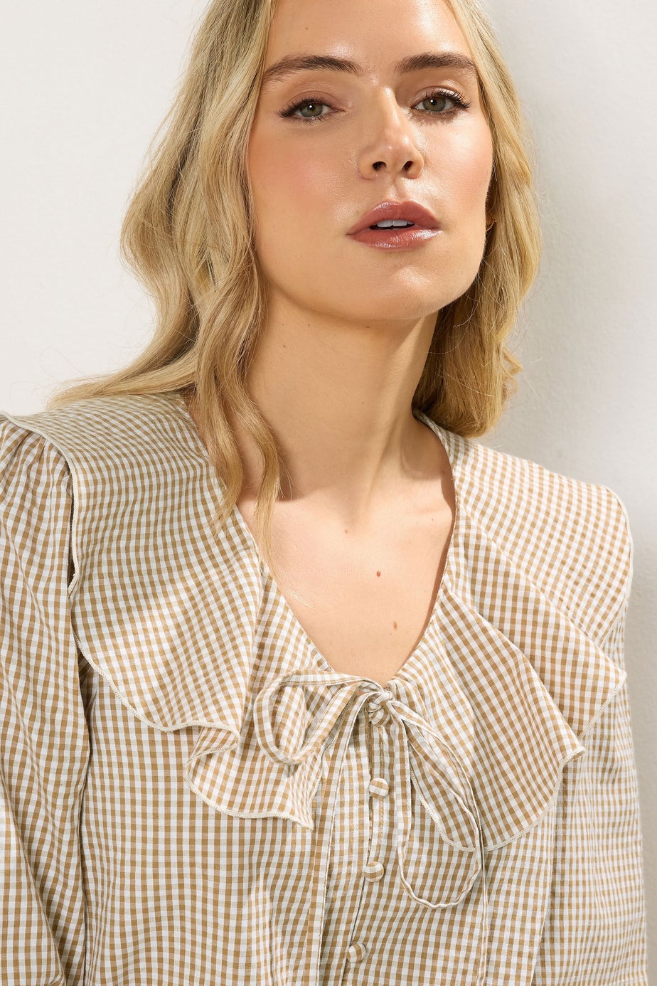 Long Tall Sally Brown Cotton Gingham Check Collar Shirt