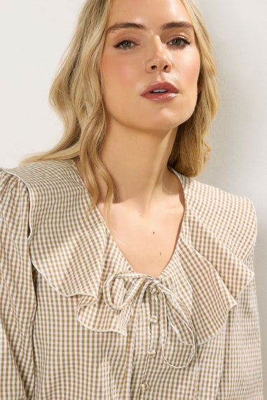 Long Tall Sally Brown Cotton Gingham Check Collar Shirt