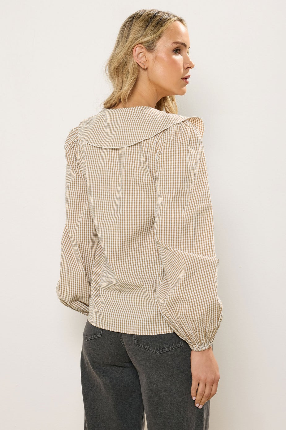 Long Tall Sally Brown Cotton Gingham Check Collar Shirt